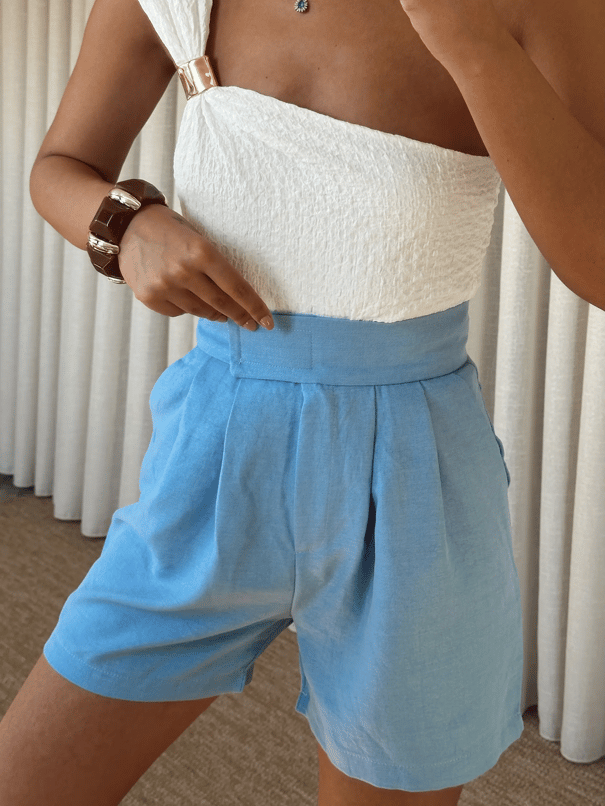 Cırtlı Keten Şort - Mavi