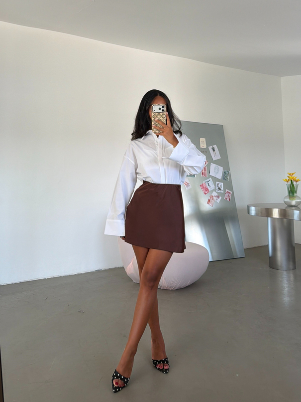 Saten Mini Etek - Kahve