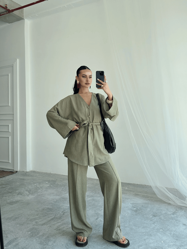 Düğme Detay Kuşaklı Kimono Takım - Haki Yeşil