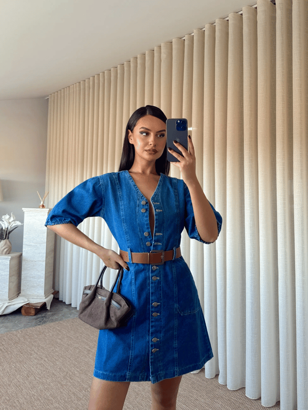 Kemerli Denim Elbise - Mavi