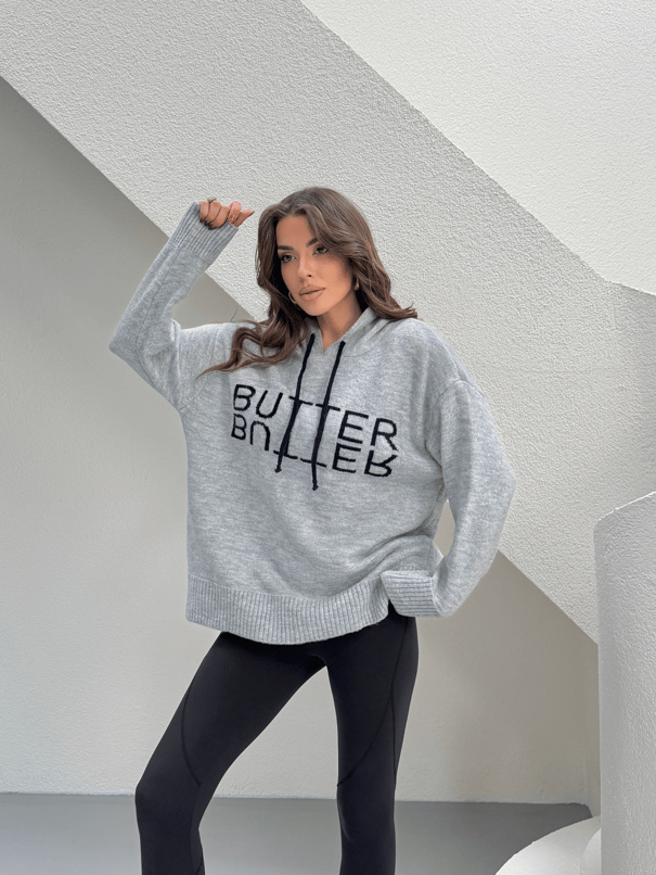 Kapüşonlu Butter Triko Kazak - Gri