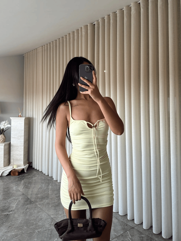 Yan Drape Mini Elbise  - Sarı