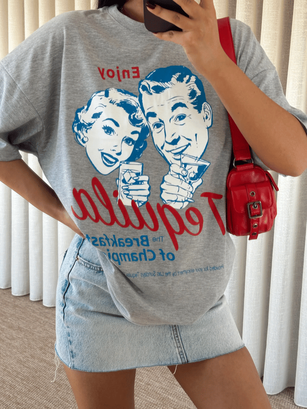 Tequila Baskılı Tshirt Gri - Gri