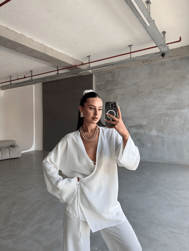 Belden Bağlamalı Keten Kimono Takım - Beyaz