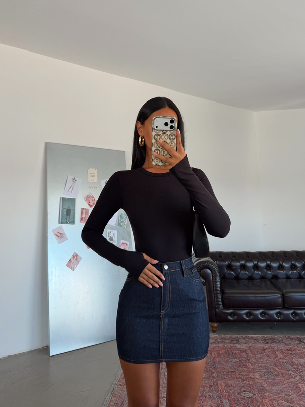 Bisiklet Yaka Uzun Kol Bodysuit - Siyah