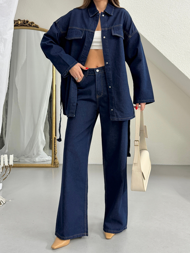 Cep Detaylı Denim Takım - Lacivert
