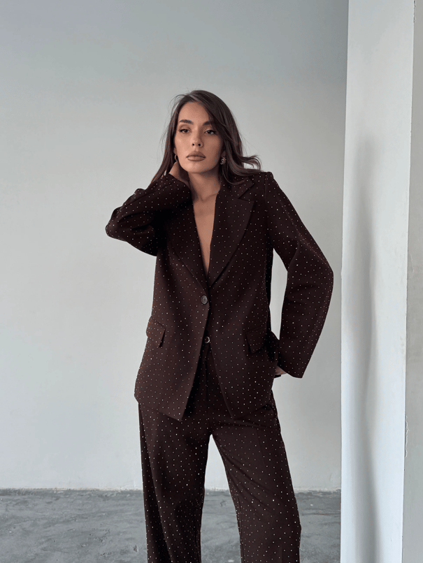 Premium Taş Detaylı Ceket Pantolon Takım  - Kahve