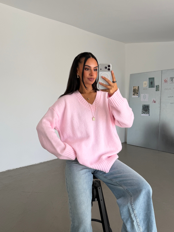 Oversize V Yaka Kazak - Pembe