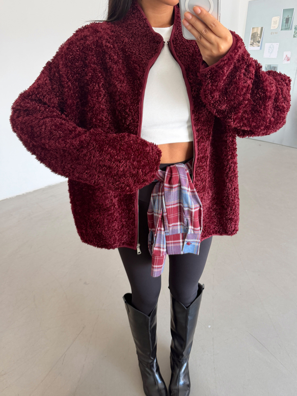 Peluş Dokulu Fermuarlı Ceket - Bordo