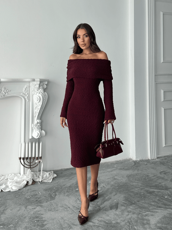 Madonna Yaka Buklet Elbise - Bordo