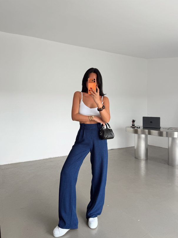 Apoletli Keten Palazzo - Lacivert