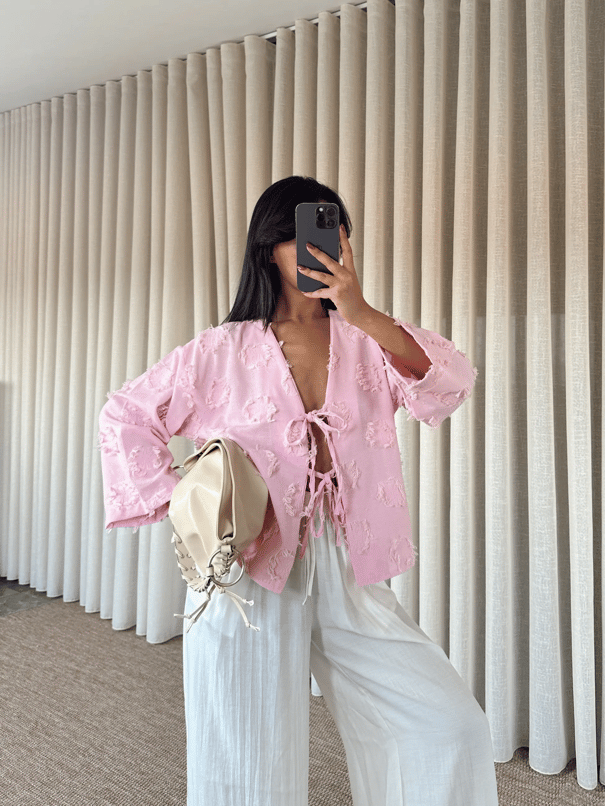Püskül Detaylı Bağlamalı Kimono - Pembe