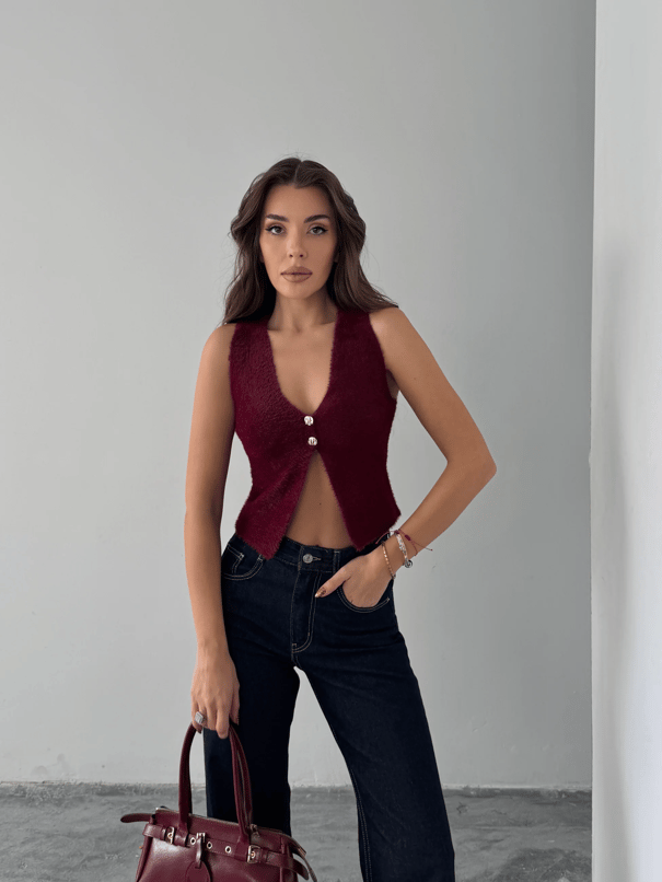İki Düğmeli Yumoş Yelek - Bordo