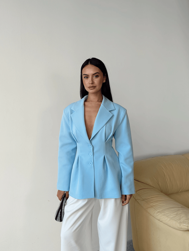 Pile Detay Oturtmalı Blazer Ceket  - Mavi