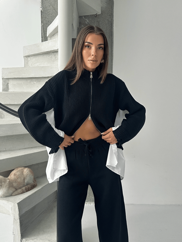 Poplin Fermuarlı Triko Takım - Siyah