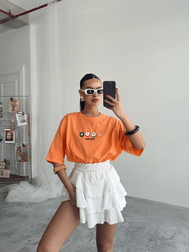 Fruit Nakış Basic T-shirt Turuncu - Turuncu