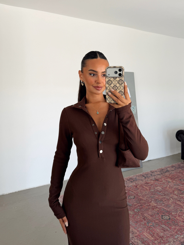 Yarım Çıtçıtlı Fitilli Elbise - Kahve