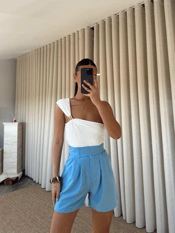 Cırtlı Keten Şort - Mavi
