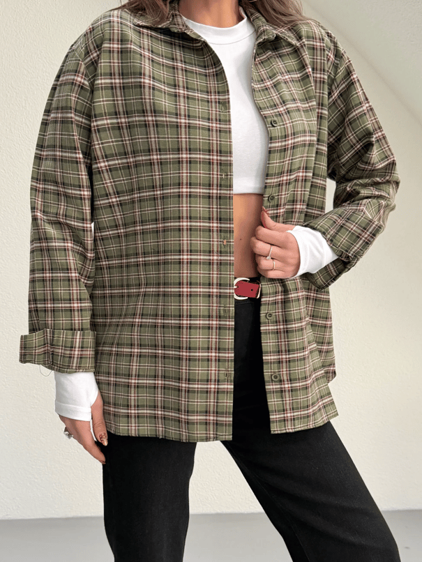 Kareli Oversize Gömlek - Haki