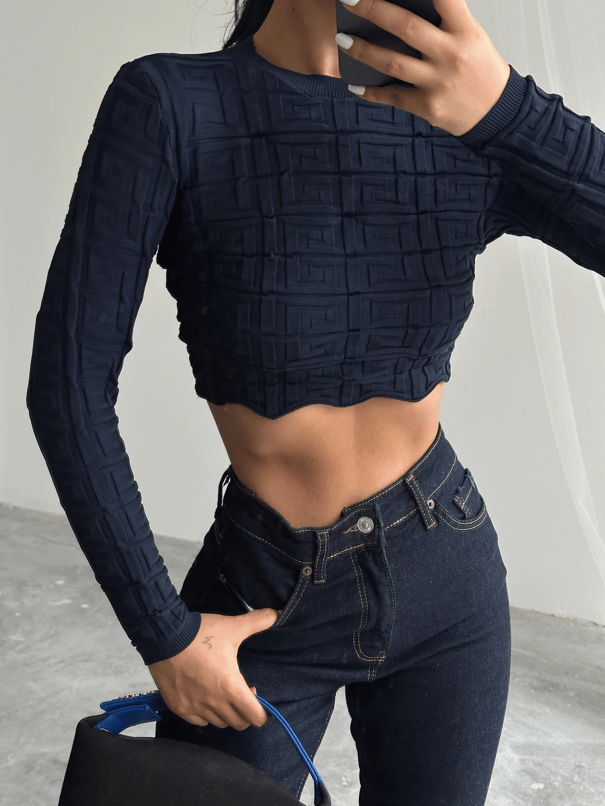 Labirent Desen Crop Triko Kazak Lacivert - Lacivert