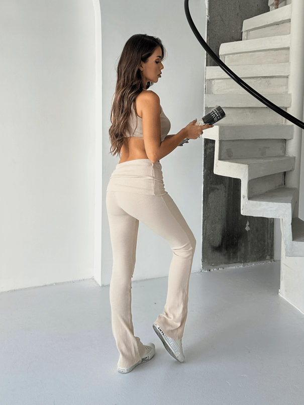 Bel Katlama Fitilli Tayt Pantolon - Bej