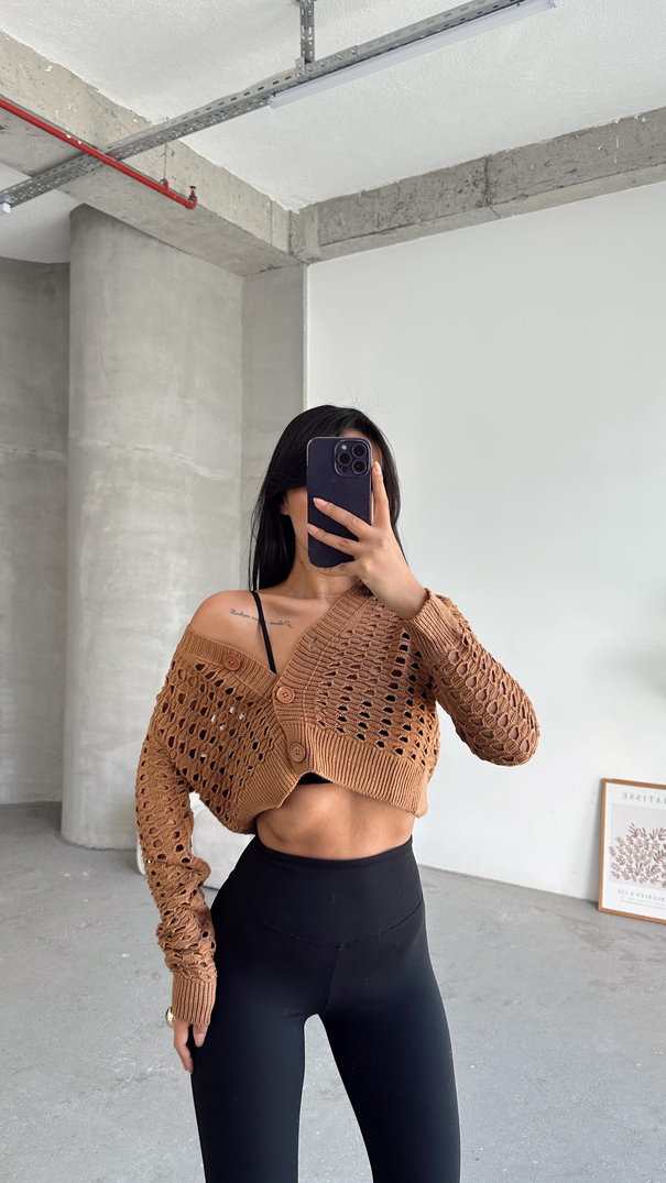 Delik Detaylı Crop Hırka Taba - Taba