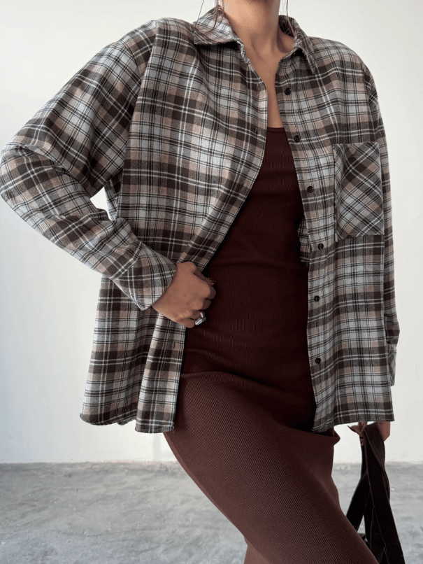 Tek Cep Ekose Gömlek - Bej