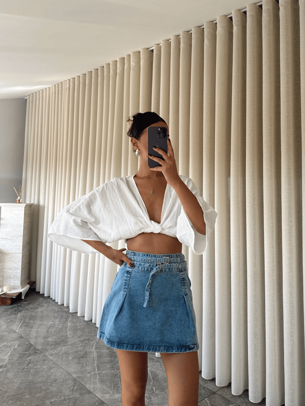 Pileli Denim Etek Mavi - Mavi