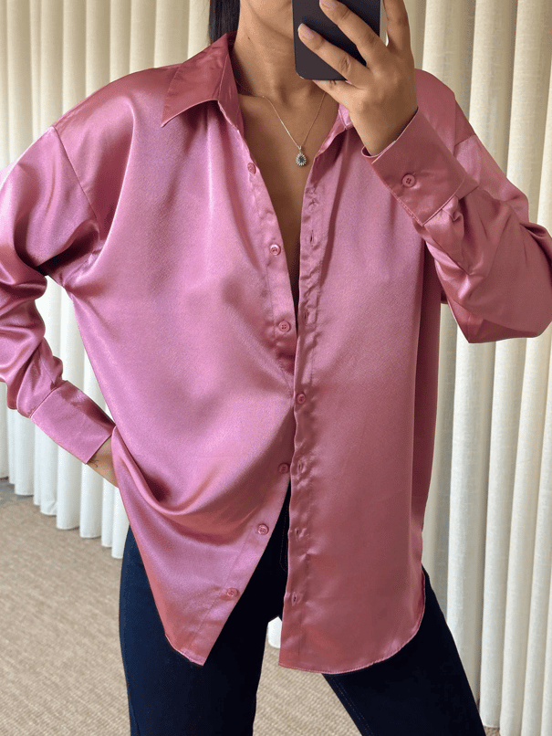 Oversize Saten Gömlek - Gül Kurusu