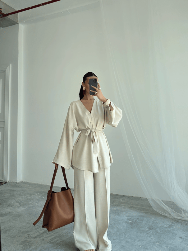 Düğme Detay Kuşaklı Kimono Takım - Krem