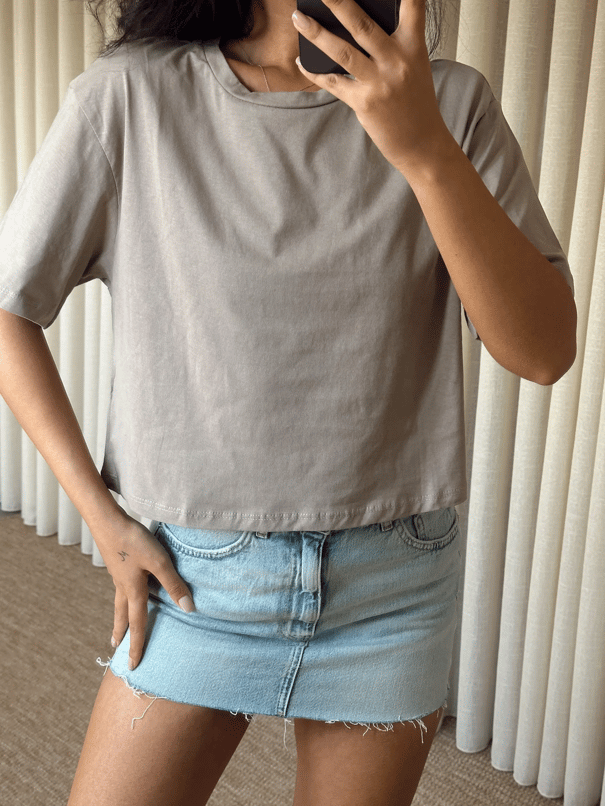 Düz Kısa Kol Crop Basic - Vizon
