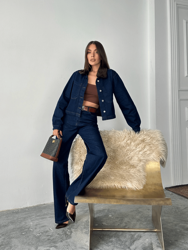 Yakası Kürklü Denim Takım - Mavi