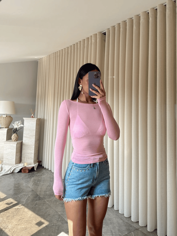 Kayık Yaka Transparan Bluz  - Pudra Pembe