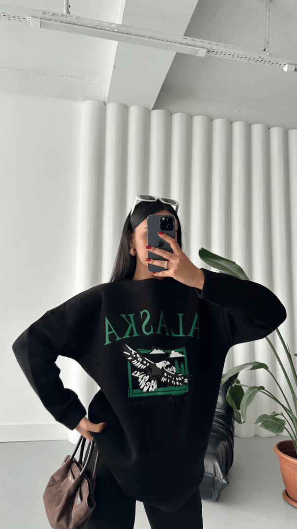 Alaska Üç İplik Şardonlu Oversize Sweat Siyah - Siyah