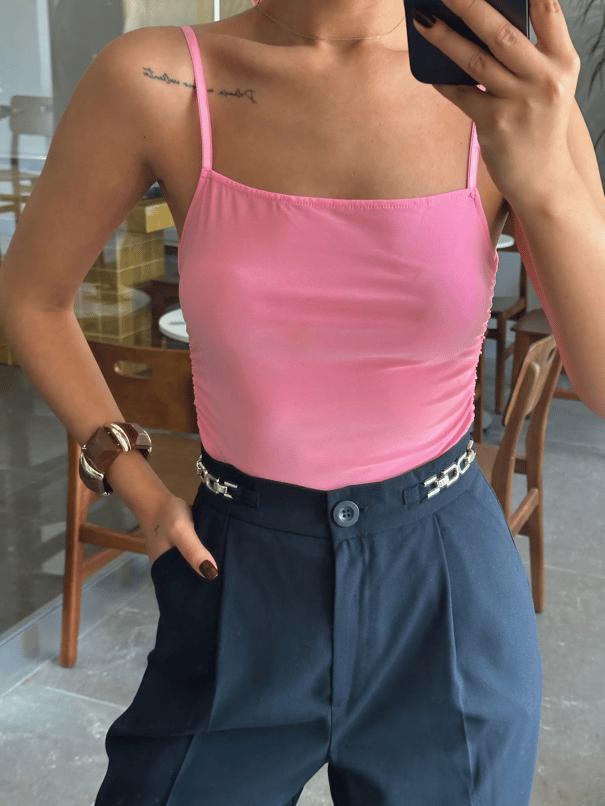 Yan Büzgülü Bodysuit Pembe - Pembe