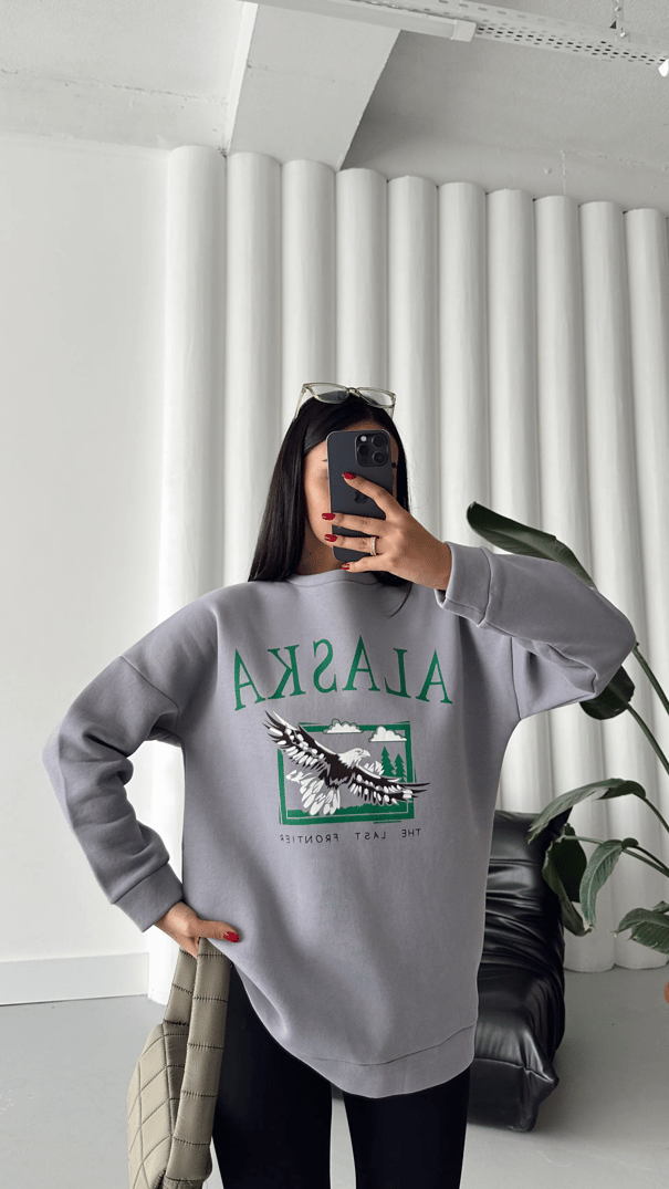 Alaska Üç İplik Şardonlu Oversize Sweat Gri - Gri