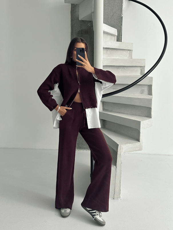 Poplin Fermuarlı Triko Takım - Mürdüm