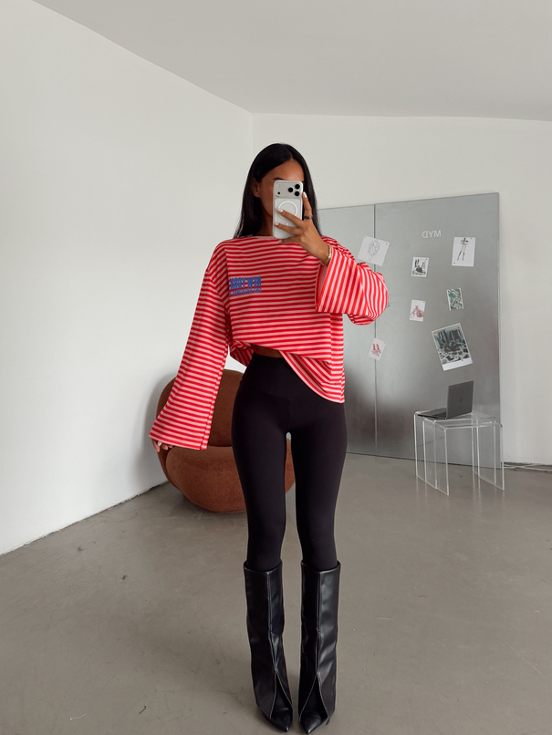 İnce Çizgili New York Baskılı Sweat - Kırmızı-Pembe