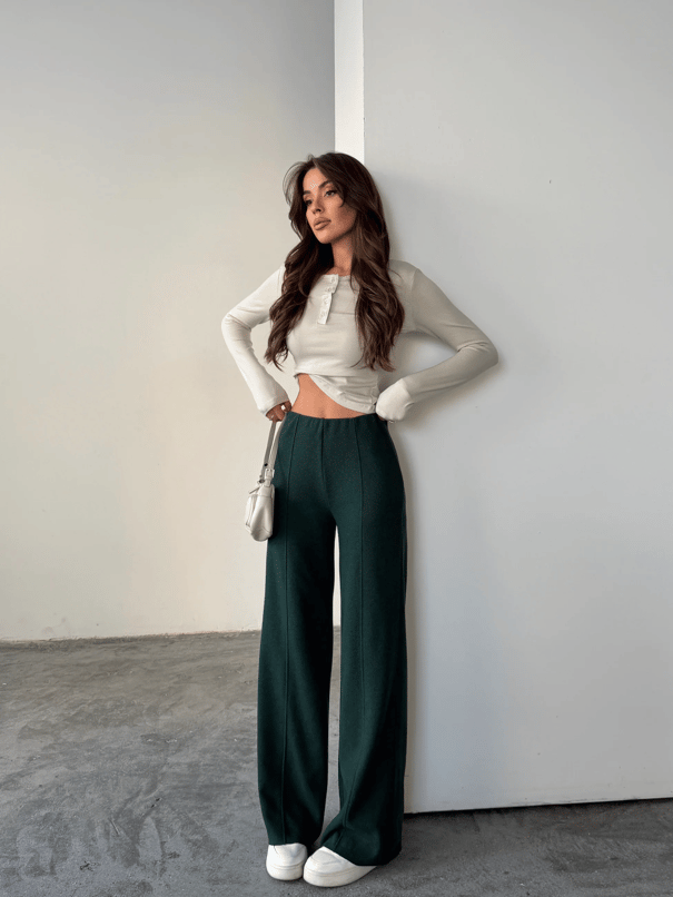 Çimalı Bel Lastik Selanik Pantolon - Zümrüt Yeşili