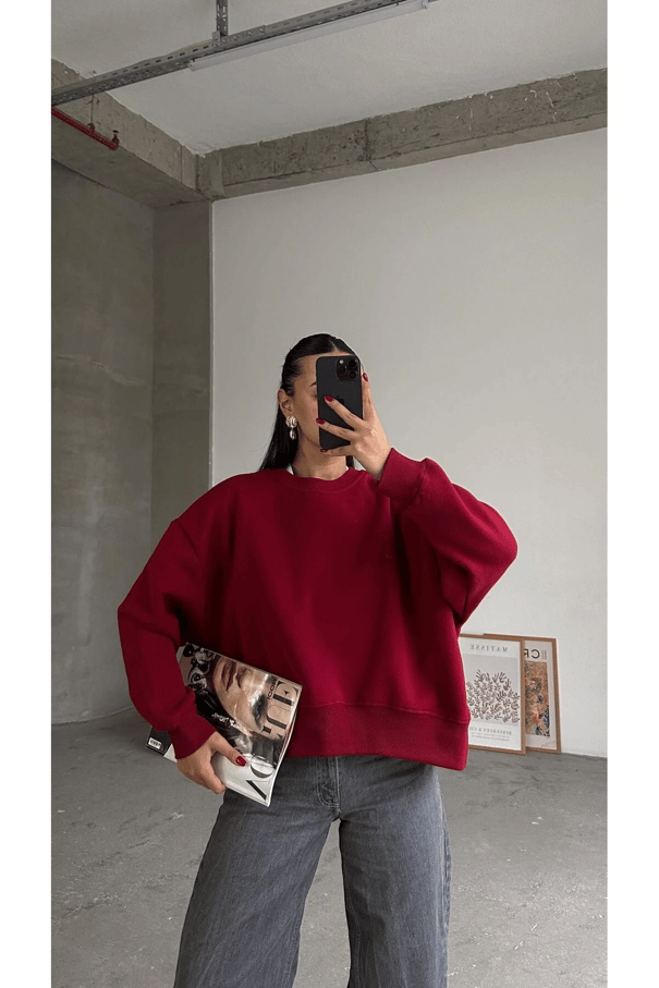 Sage Bisiklet Yaka Sweatshirt Bordo - Bordo