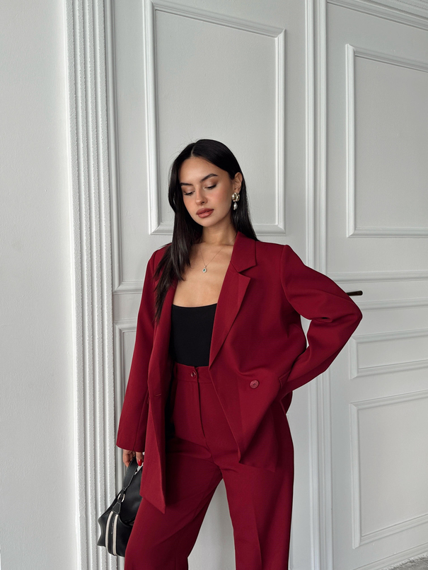 Çift Düğme Oversize Blazer  - Bordo