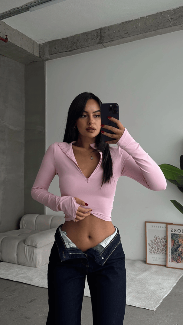 Yarım Fermuar Scuba Bluz Pembe - Pembe