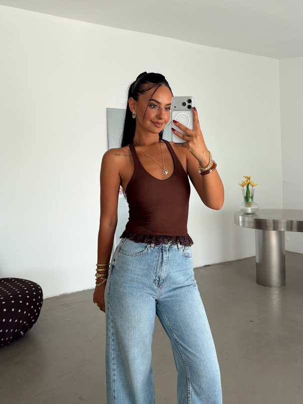 Etek Ucu Dantelli Crop - Kahve
