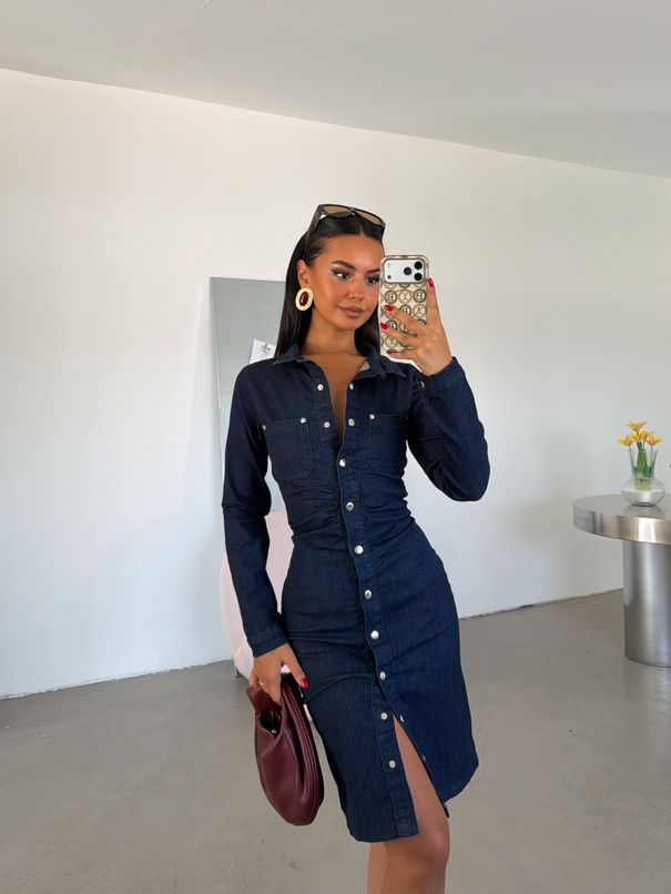 Önü Büzgülü Midi Boy Denim Elbise - Lacivert