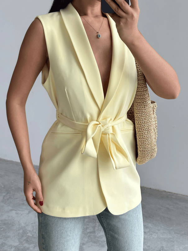 Bağlamalı Blazer Yelek  - Sarı