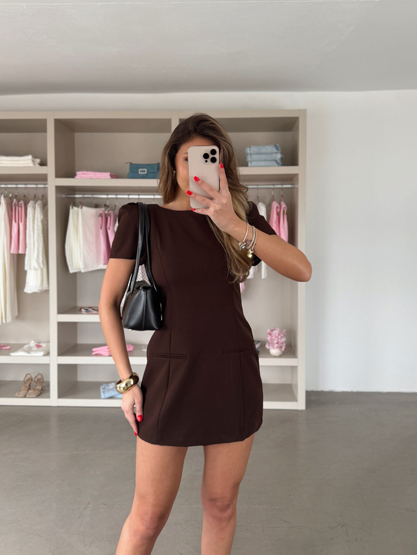 Süs Cep Balon Kol Mini Elbise - Kahve