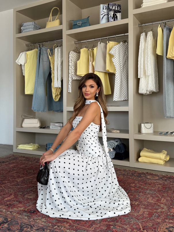 Straplez Fular Detaylı Puantiye Elbise - Beyaz