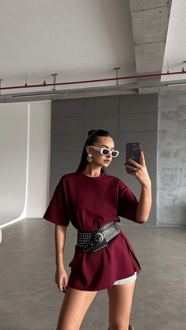 Yan Yırtmaç Oversize Basic - Bordo