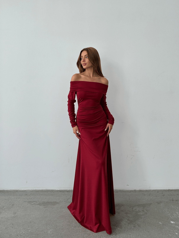Madonna Yaka Uzun Elbise Bordo - Bordo