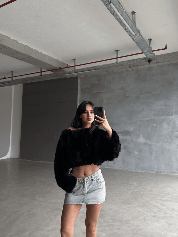 Peluş Crop Kazak Siyah - Siyah